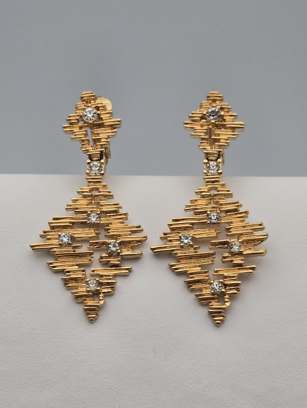 Vintage D’Orlan Modernist Statement Earrings Gold Tone Crystal Signed 2”